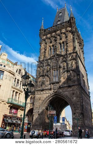 Prague, Czech Republic - April, 2018: The Powder Tower Or Powder Gate A Gothic Tower Ithat Used To B
