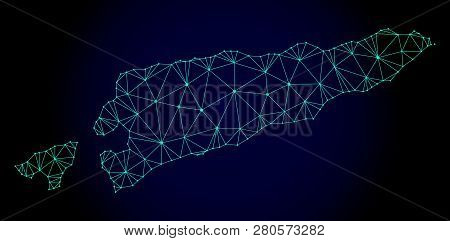Polygonal Mesh Map Of East Timor. Abstract Mesh Lines, Triangles And Points On Dark Background With 