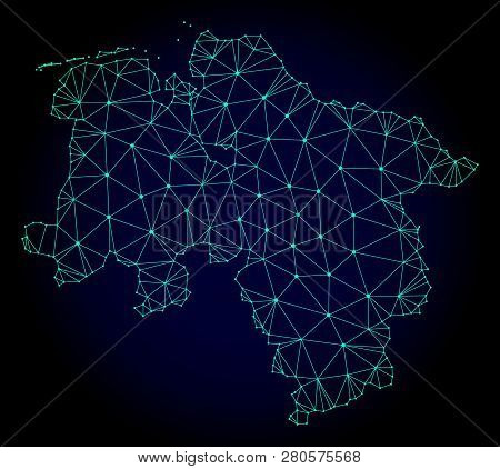 Polygonal Mesh Map Of Lower Saxony State. Abstract Mesh Lines, Triangles And Points On Dark Backgrou
