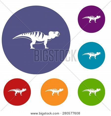 Hadrosaurid Dinosaur Icons Set In Flat Circle Red, Blue And Green Color For Web