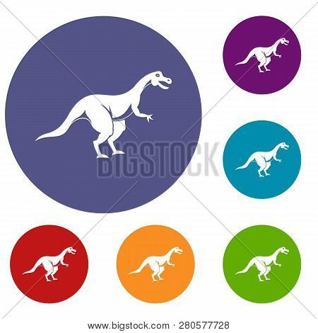 Theropod Dinosaur Icons Set In Flat Circle Red, Blue And Green Color For Web
