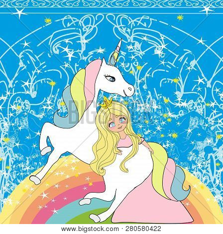 Beautiful Young Princess And Unicorn , Vector Illustration