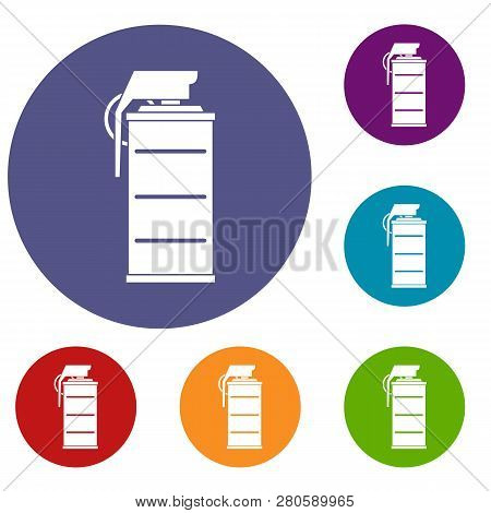 Stun Grenade Icons Set In Flat Circle Red, Blue And Green Color For Web