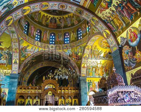 Pothia, Kalymnos / Greece - September 13 2014: The Interior Of Orthodox Church Of Saint Savvas Of Th