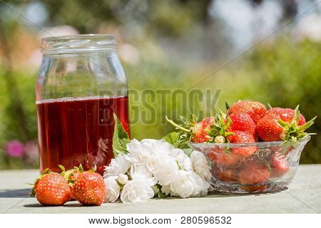 Fresh Sweet Strawberry Isolated On Bright Sun . Sun Is Shining Brightly. Green Grass