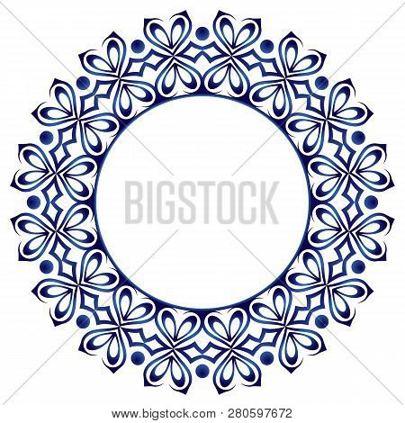 Ceramic Tile Pattern. Decorative Round Ornament. White Background With Art Frame. Islamic, Indian, A