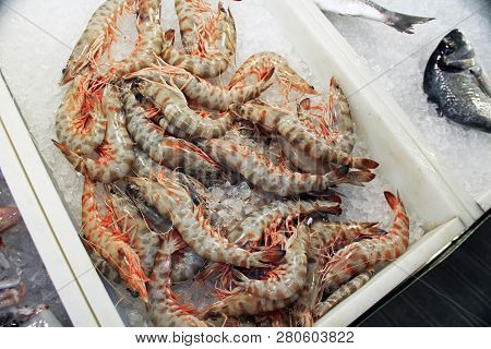 Whole Shrimp On Ice In The Huge Covered Athens Central Public Market, Dimotiki Agora Meat And Fish M
