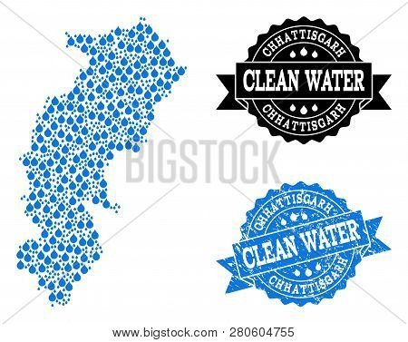Map Of Chhattisgarh State Vector Mosaic And Clean Water Grunge Stamp. Map Of Chhattisgarh State Crea