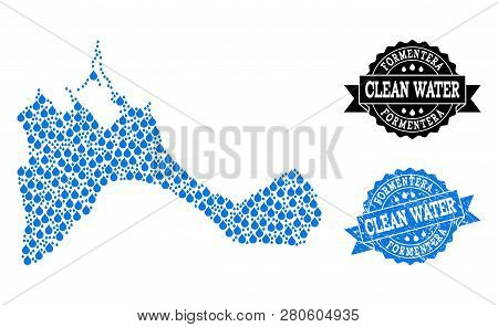 Map Of Formentera Island Vector Mosaic And Clean Water Grunge Stamp. Map Of Formentera Island Compos