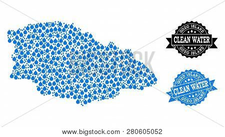 Map Of Gozo Island Vector Mosaic And Clean Water Grunge Stamp. Map Of Gozo Island Designed With Blue