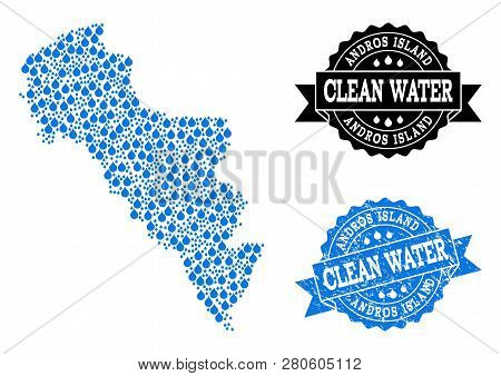 Map Of Greece - Andros Island Vector Mosaic And Clean Water Grunge Stamp. Map Of Greece - Andros Isl