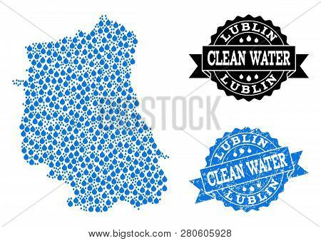 Map Of Lublin Province Vector Mosaic And Clean Water Grunge Stamp. Map Of Lublin Province Created Wi