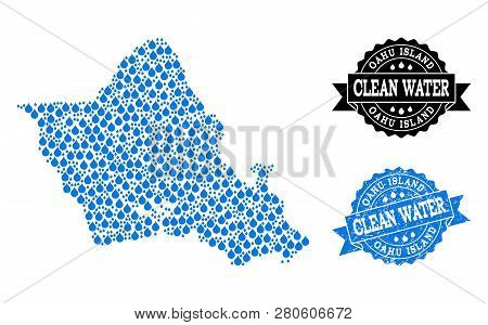Map Of Oahu Island Vector Mosaic And Clean Water Grunge Stamp. Map Of Oahu Island Created With Blue 