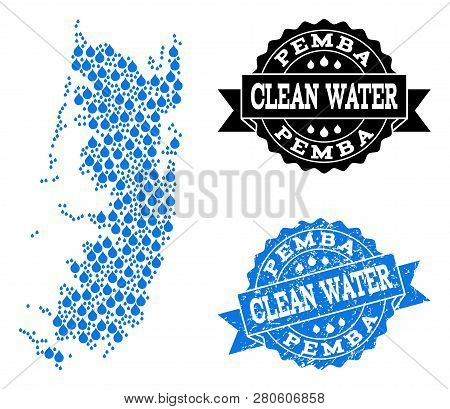 Map Of Pemba Island Vector Mosaic And Clean Water Grunge Stamp. Map Of Pemba Island Designed With Bl