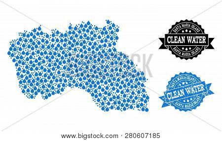 Map Of Santa Maria Island Vector Mosaic And Clean Water Grunge Stamp. Map Of Santa Maria Island Desi