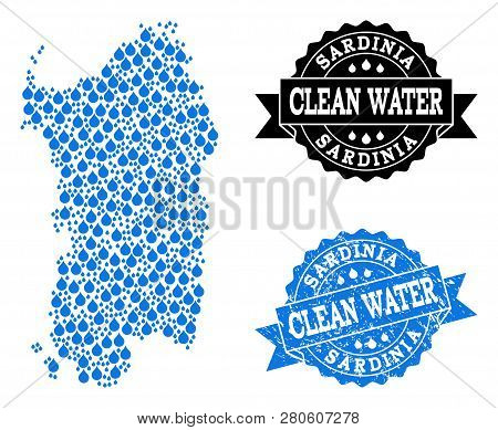 Map Of Sardinia Region Vector Mosaic And Clean Water Grunge Stamp. Map Of Sardinia Region Formed Wit