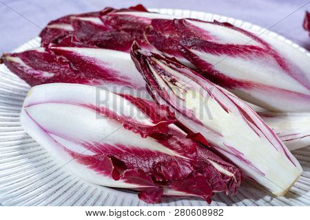 Group Of Fresh Red Radicchio Chicory Or Belgian Endive Vegetables, Also Known As Witlof Salade