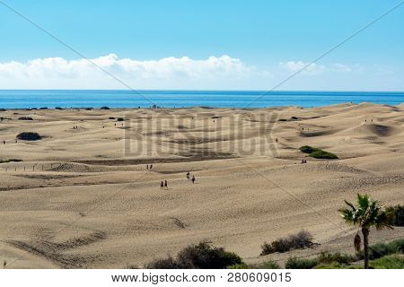 Landscape With Yellow Sandy Dunes Of Maspalomas And Blue Atlantic Ocean, Gran Canaria, Spain