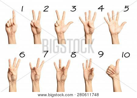 Set Of Woman Showing Numbers On White Background. Sigh Language