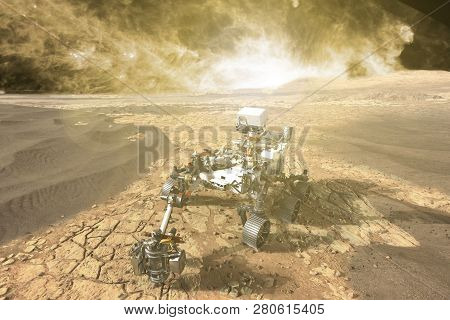 Futuristic Mars Rover Exploring Vasts Of Red Planet. Elements Of This Image Furnished By Nasa