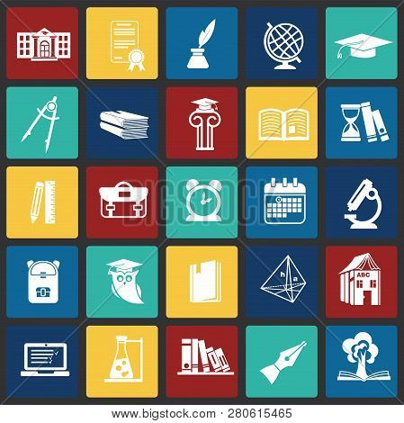 Education And Stydying Set On Color Squares Background Icons