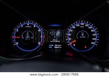 Novosibirsk, Russia - January 25, 2018:  Hyundai Elantra, Close-up Of The Dashboard. Photography Of 