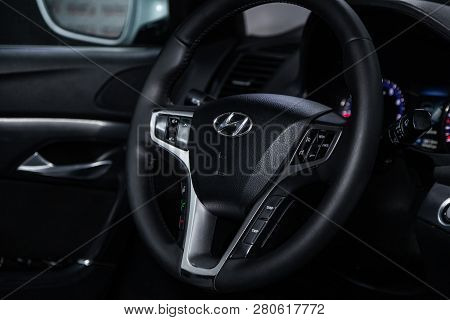 Novosibirsk, Russia - January 25, 2018:  Hyundai Elantra, Close-up Of The Dashboard And Steering Whe