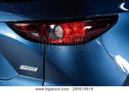 Novosibirsk, Russia - January 25, 2019:  Mazda Cx-5,  Close-up Headlight. Photography Of A Modern Ca