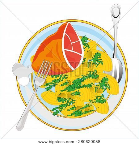 Meat Ham With Noodle On White Background