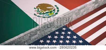 Border Wall Between Us Of America And Mexico Flags. 3D Illustration