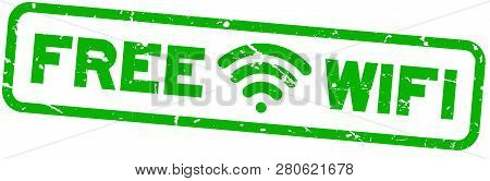 Grunge Green Free Wifi With Icon Square Rubber Seal Stamp On White Background