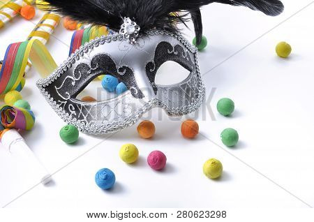 Beautiful  Masquerade Mask And Cotillon On White Background