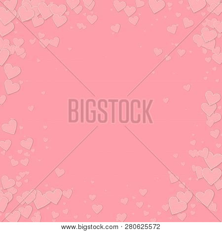 Pink Heart Love Confettis. Valentine Day Vignette Sightly Background. Falling Stitched Paper Hearts 