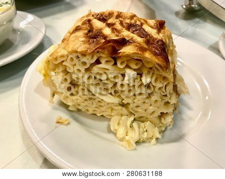 Turkish Makarna Boregi / Borek Or Baked Macaroni Timbale Pasta In Oven. Traditional Food.