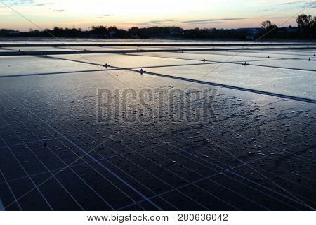 Morning Dewdrop On Solar Panel That Will Accumulates Dust And Make The Solar Panel Dirty Lead To Red