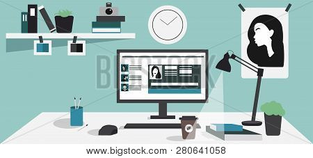Work Place Computer Illustration Vector Office Clock
