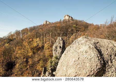Autumn Sulovske Skaly Mountains From Vyhliadka Opasana View Point With Rocks, Colorful Forest And Cl