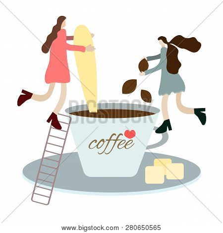 Tiny People Metaphor, Tiny People Make Coffee For A Person, A Small Fairy-tale Toy World Where Tiny 