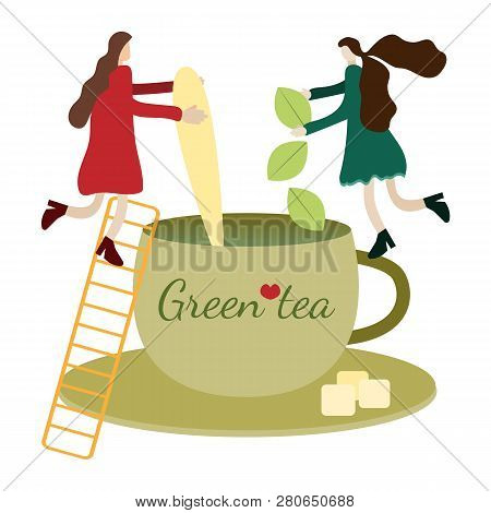 Tiny People Metaphor, Tiny People Make Green Tea In A Big Cup, A Toy World, Conceptual Vector Illust