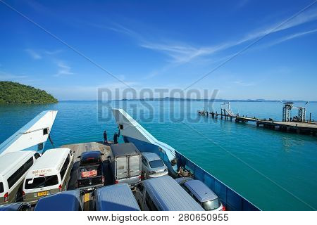 Trad, Thailand - December 04, 2018: A Lot Of Cars On Ferry Boat To The Popular Travel Destination Ko