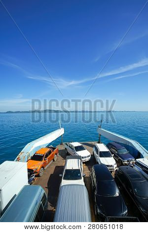 Trad, Thailand - December 04, 2018: A Lot Of Cars On Ferry Boat To The Popular Travel Destination Ko