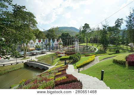 Rayong, Thailand - December 04, 2018: Scenery Of The New Travel Destinations Strawberry Town In Rayo