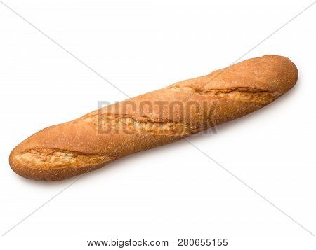 Freshly Baked Loaf Of Traditional French Baguette Bread Isolated On White Background. Design Element