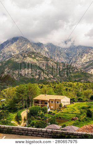 Mountain Peaks On A Cloudy Day Near Ajaccio, Corsica Island, France.