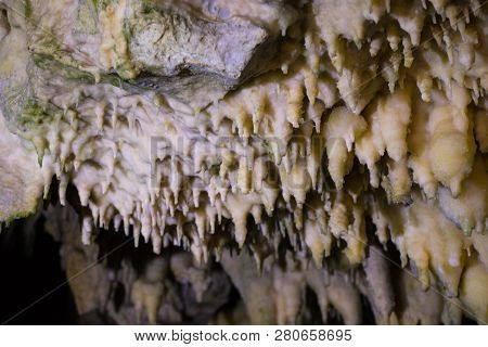 Impressive Formations Of The Stalactites And Stalagmites In Dirou Cave. Greek Destination .natural B