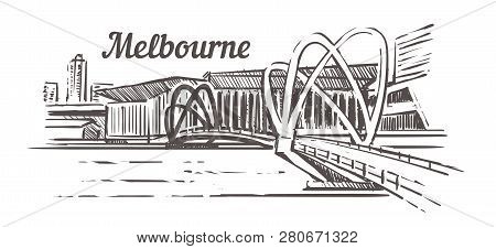 Melbourne Bridge Sketch. Melbourne Hand Drawn Vintage Vector Illustration.