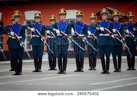 Moscow, Russia-june 12, 2018.presidential Regiment Soldiers Marching And Practicing To Shoot