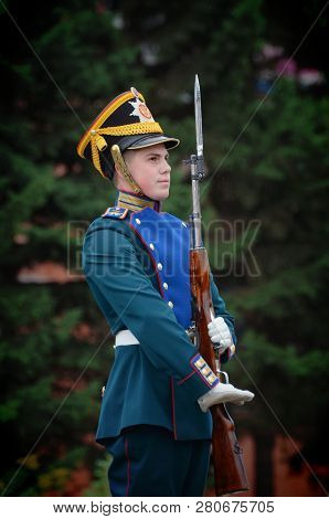 Moscow, Russia-june 12, 2018.presidential Regiment Soldiers Marching And Practicing To Shoot