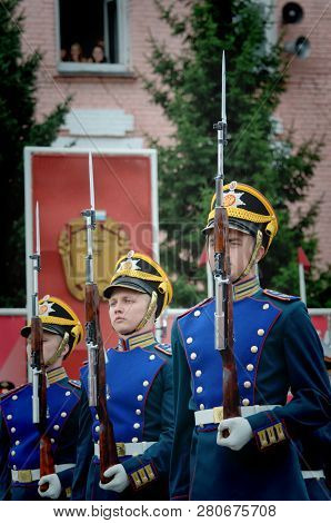 Moscow, Russia-june 12, 2018.presidential Regiment Soldiers Marching And Practicing To Shoot