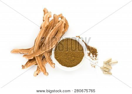 Dried Linghzi Mushroom, Powder And  Gel Capsules Isolated On White Background From Above.